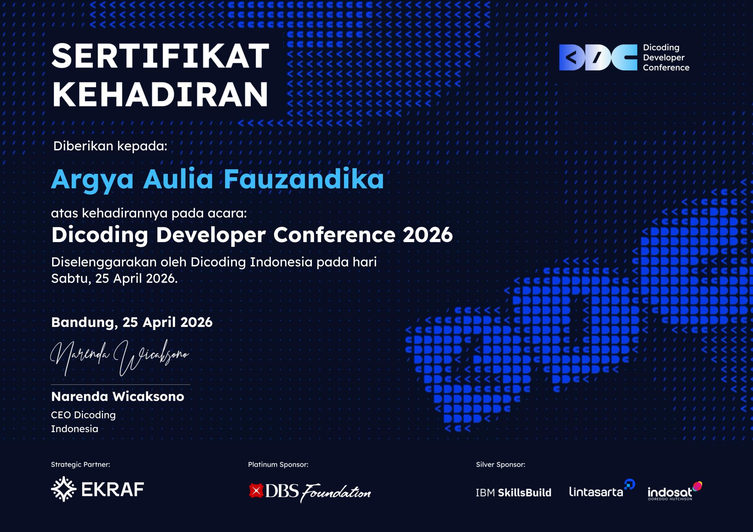 Dicoding Developer Conference 2026 certificate preview