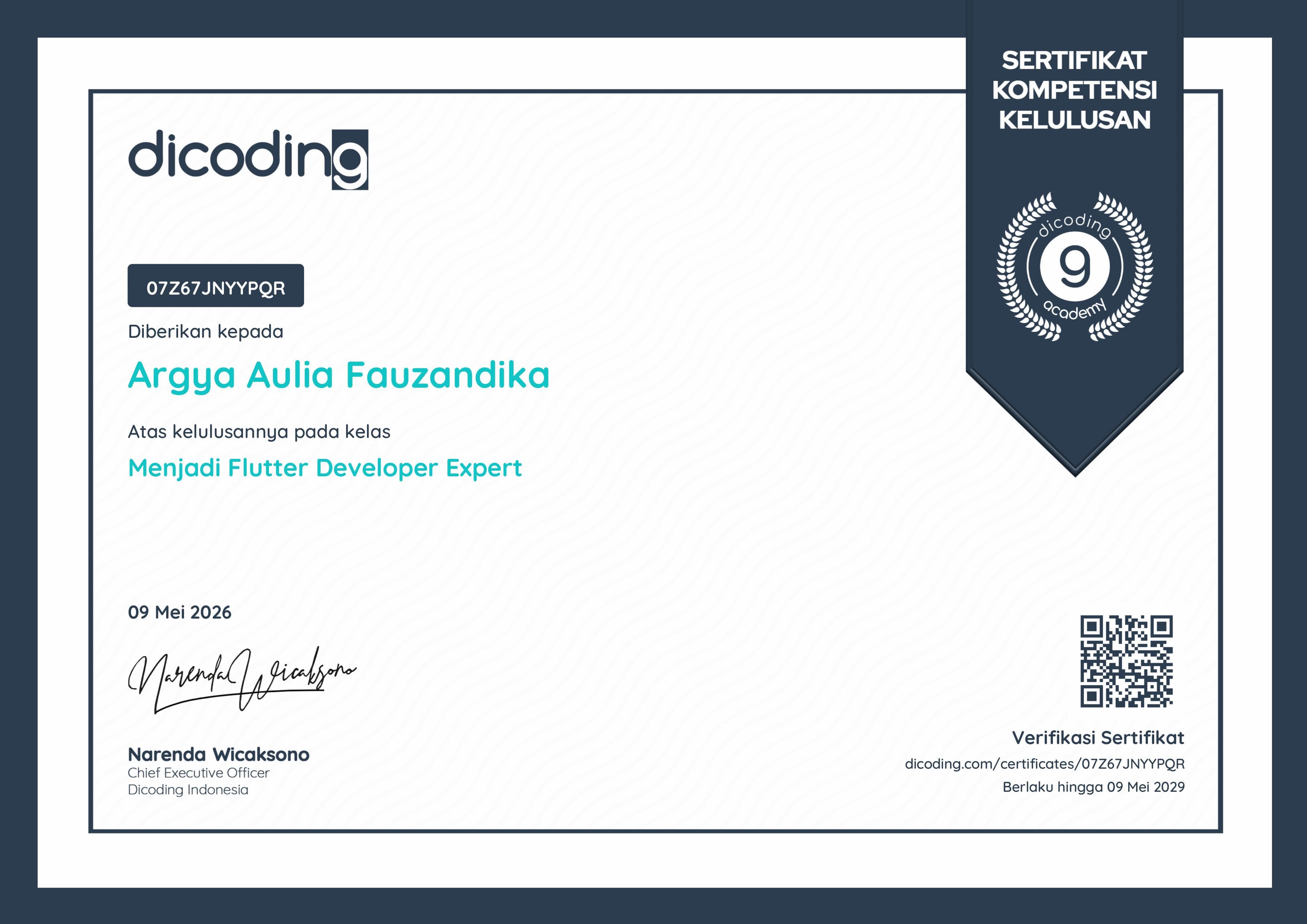 Dicoding Flutter Developer Expert certificate preview