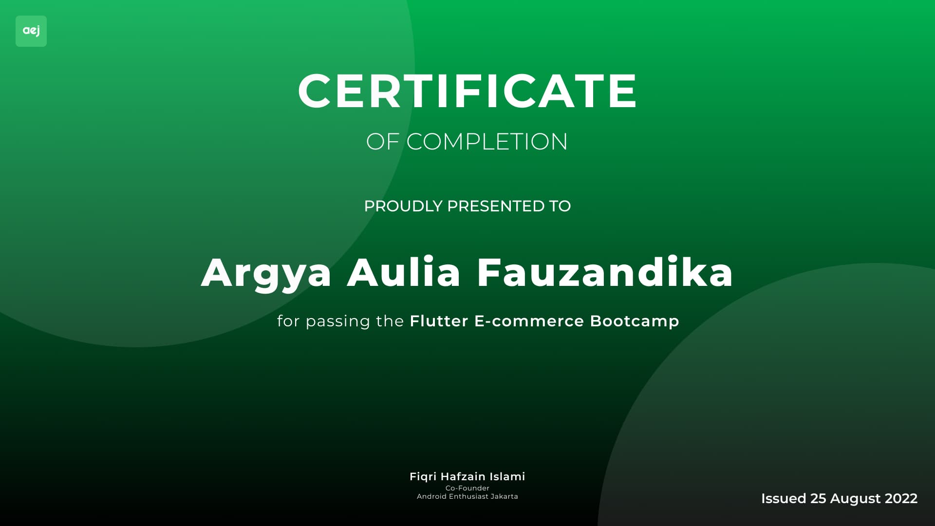 Flutter E-commerce Bootcamp certificate preview